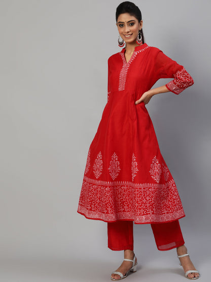 Women's Red Block Print Anarkali