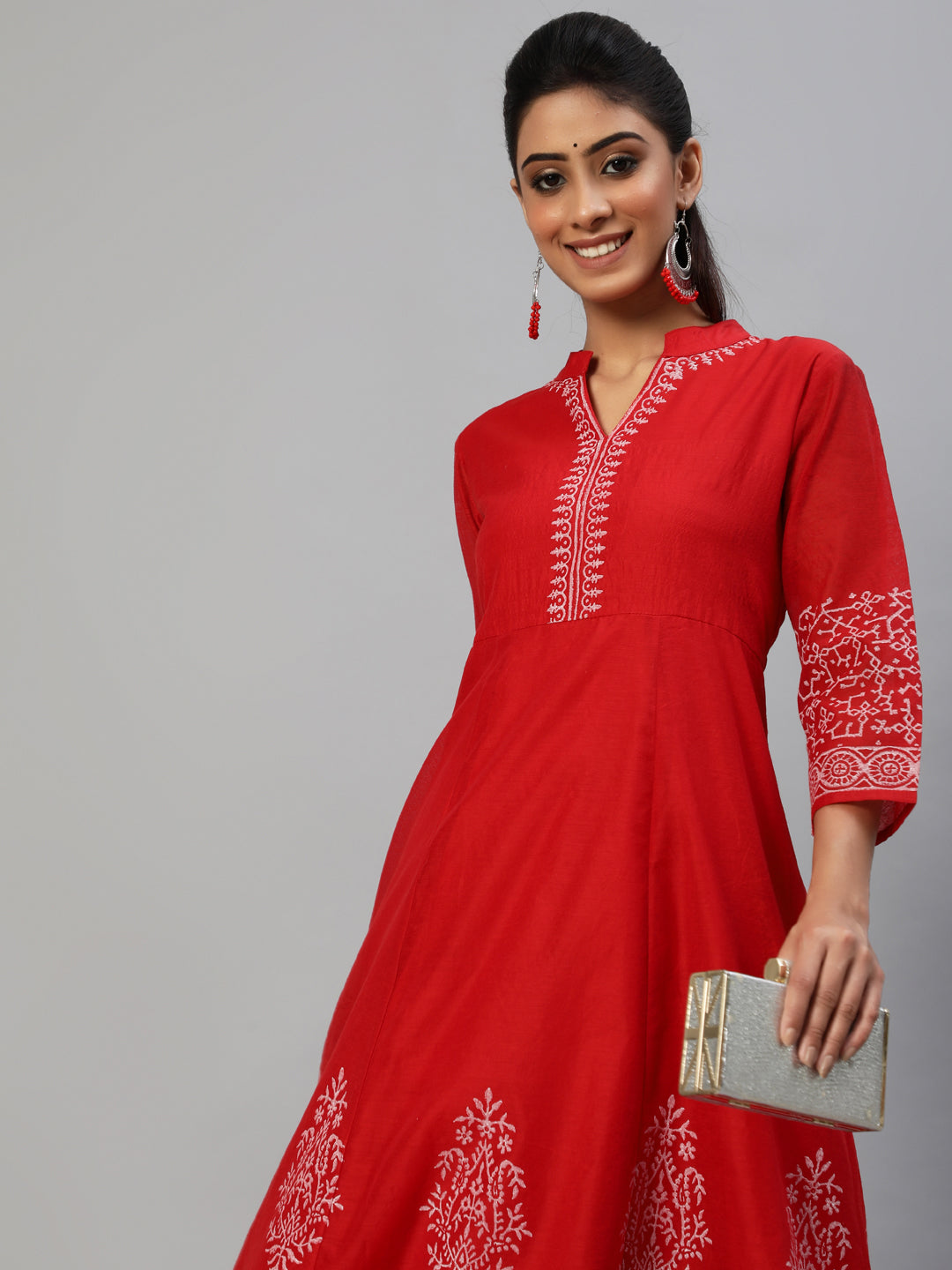 Women's Red Block Print Anarkali