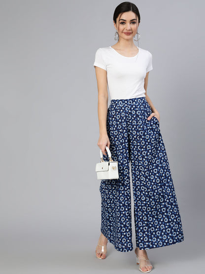 Women's Blue Panelled Plazo With Side Pockets