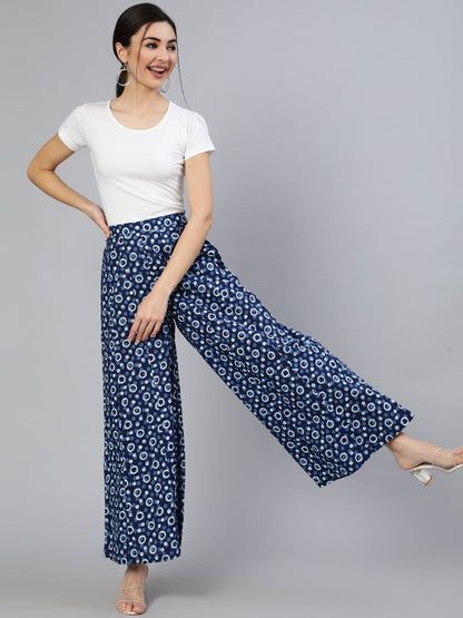 Women's Blue Panelled Plazo With Side Pockets
