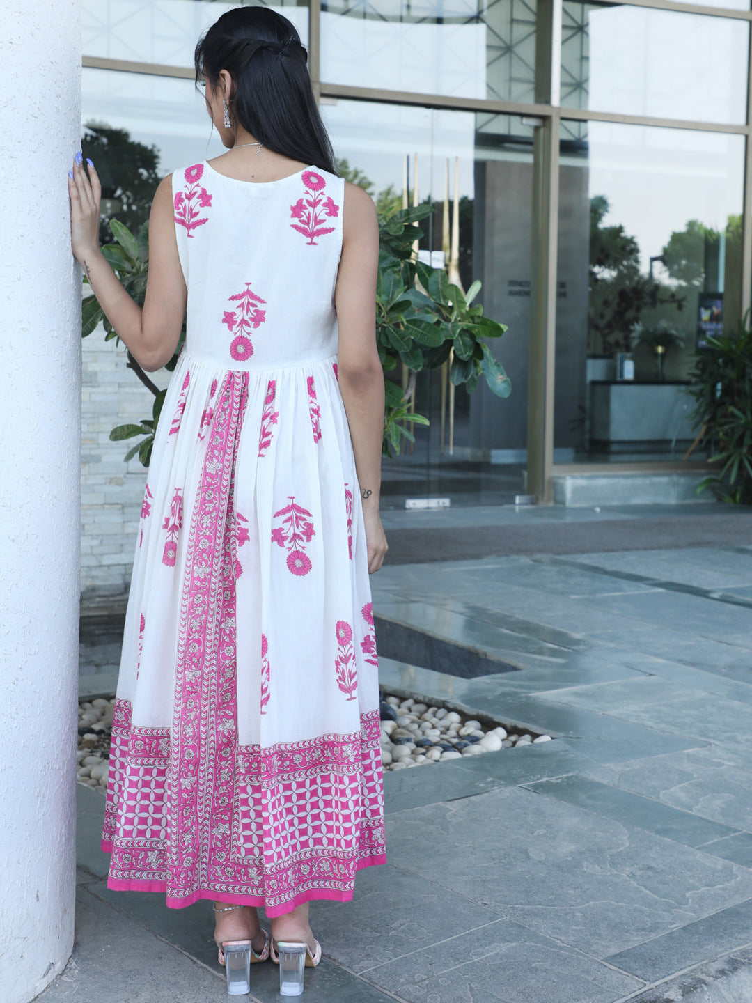 Women's White Floral Mulmul Maxi Dress