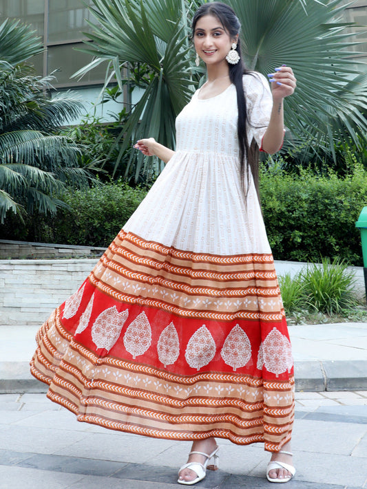 Women's White Printed Gathered Maxi Dress