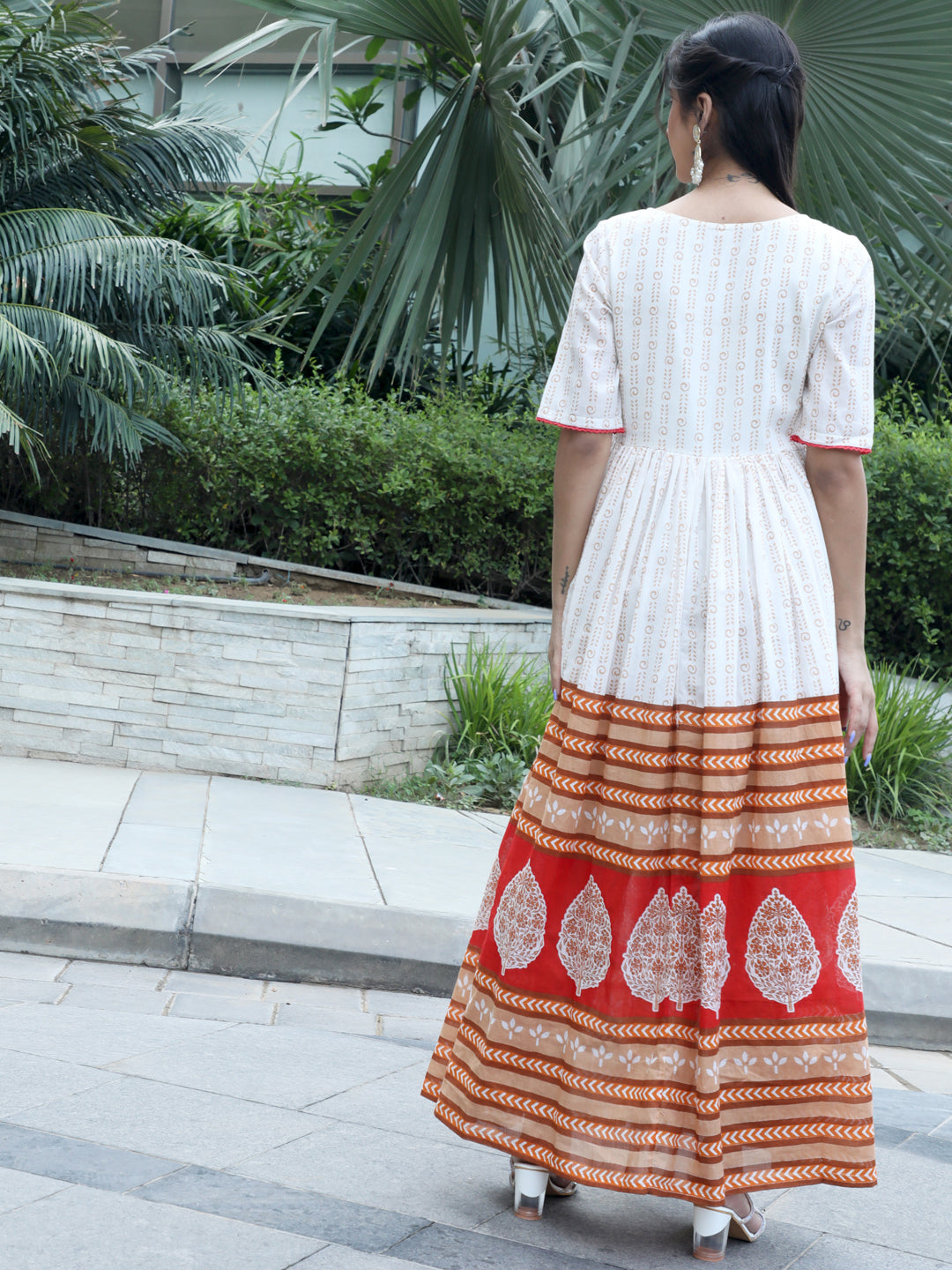 Women's White Printed Gathered Maxi Dress