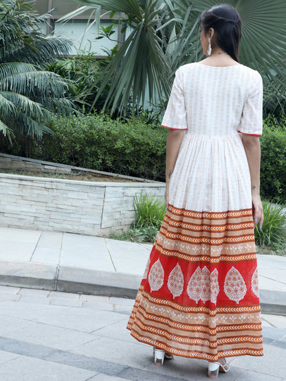 Women's White Printed Gathered Maxi Dress