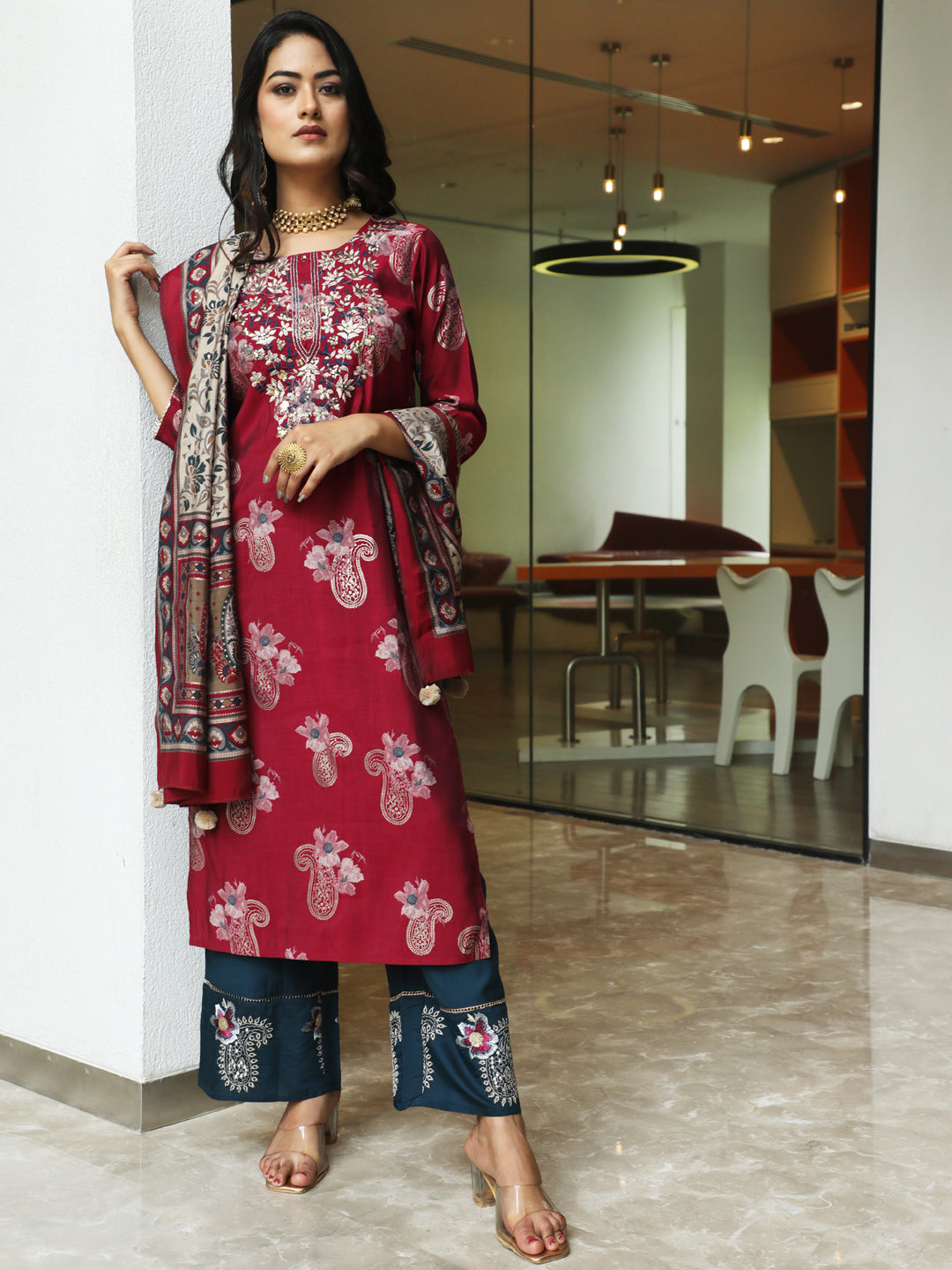Women's Burgundy Embroidered Kurta Palazzo With Dupatta