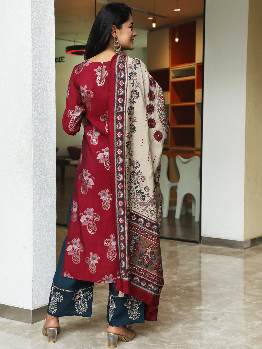 Women's Burgundy Embroidered Kurta Palazzo With Dupatta