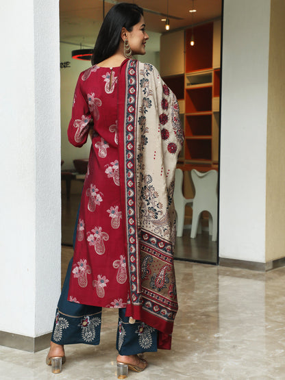 Women's Burgundy Embroidered Kurta Palazzo With Dupatta