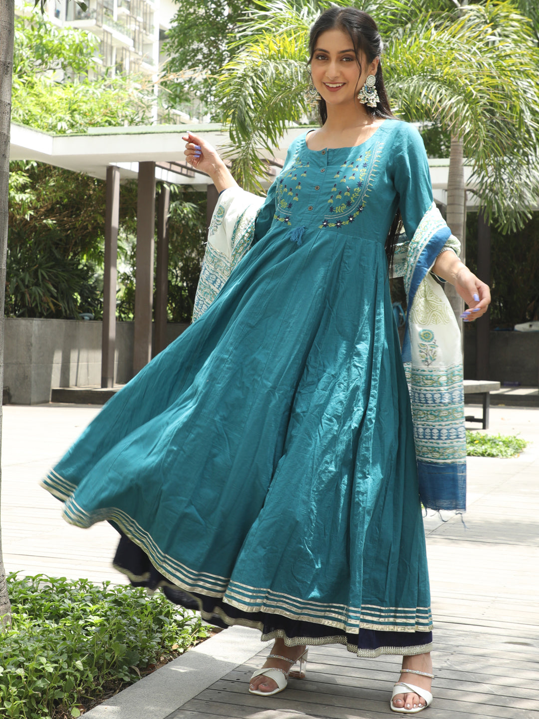 Women's Indigo & Blue Cotton Embroidered Layered Maxi with Dupatta