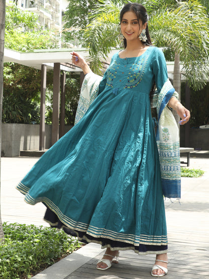 Women's Indigo & Blue Cotton Embroidered Layered Maxi with Dupatta