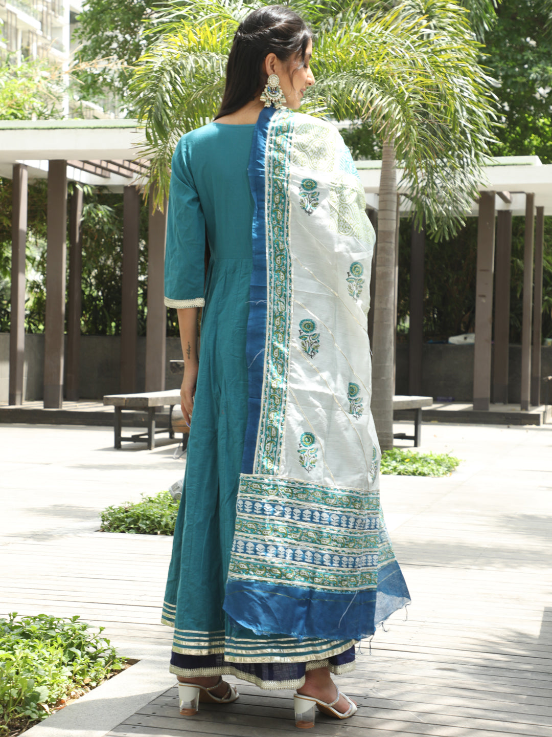 Women's Indigo & Blue Cotton Embroidered Layered Maxi with Dupatta