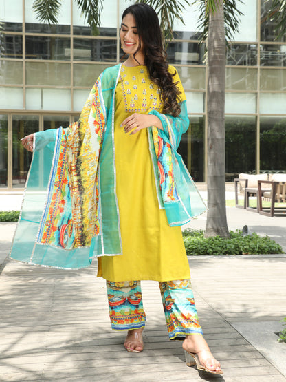 Women's Yellow Embroidered Kurta Palazzo With Dupatta