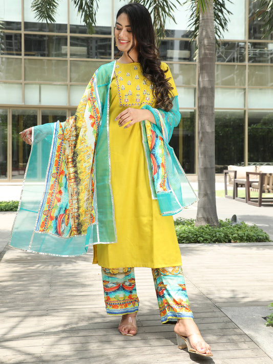Women's Yellow Embroidered Kurta Palazzo With Dupatta