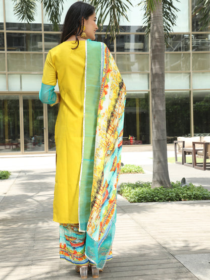 Women's Yellow Embroidered Kurta Palazzo With Dupatta