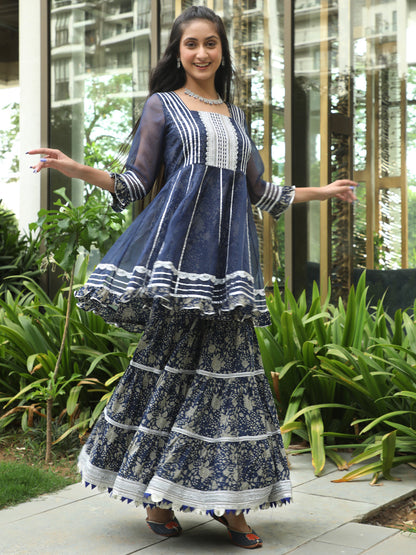 Women's Navy Blue Floral Print Kurta Sharara Set
