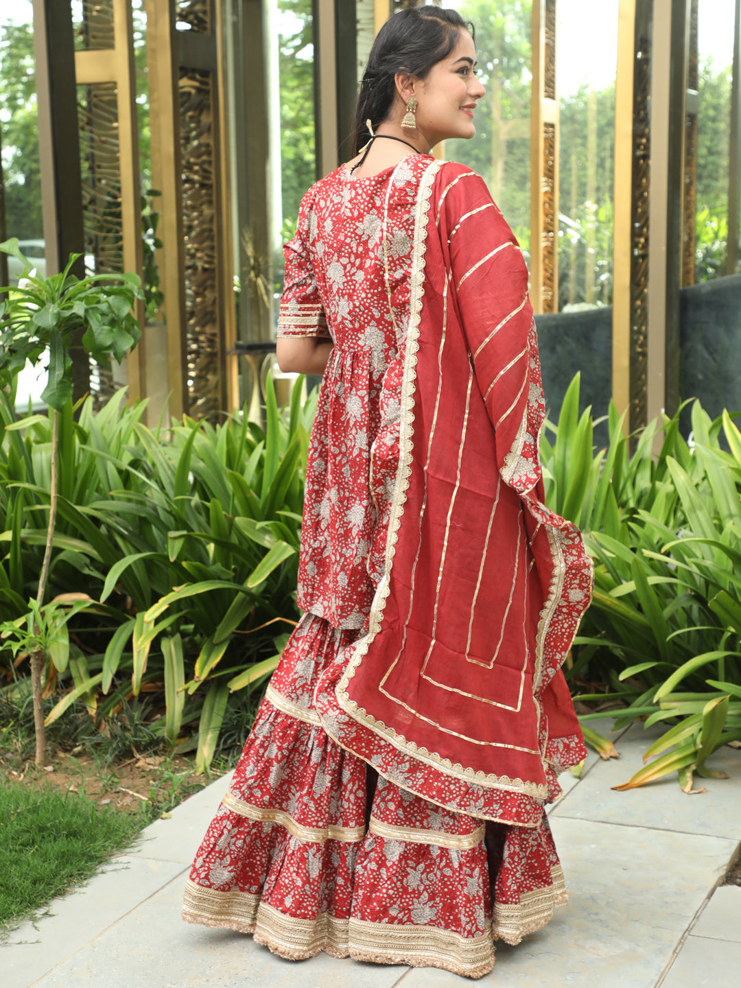 Women's Maroon Floral Print Kurta Sharara With Dupatta