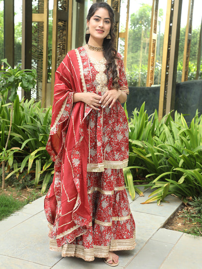 Women's Maroon Floral Print Kurta Sharara With Dupatta