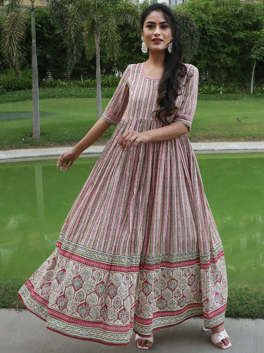 Women's Cream Printed Gathered Maxi Dress