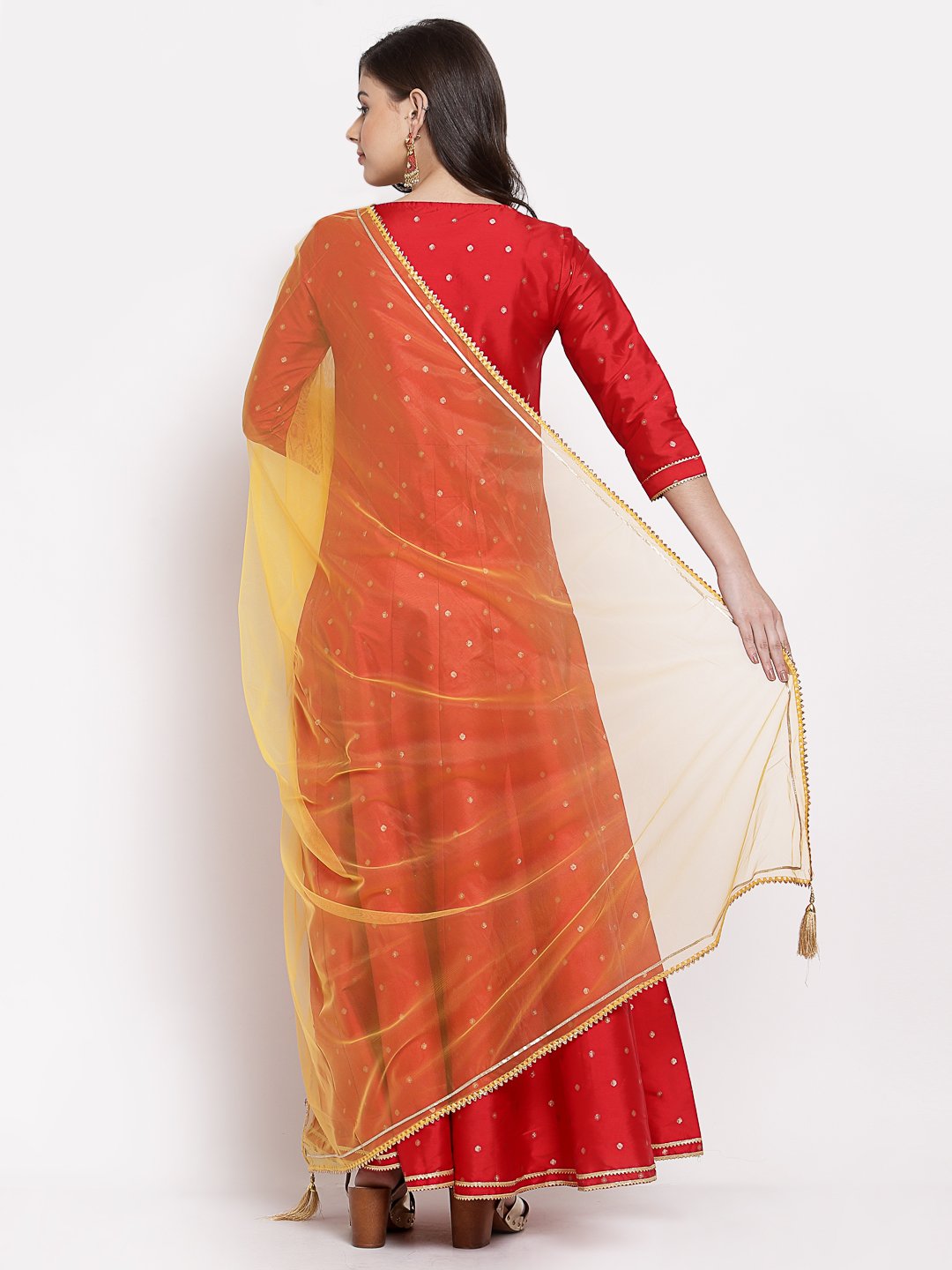 Women Red Silk Anarkali Kurta with Dupatta Set by Myshka (