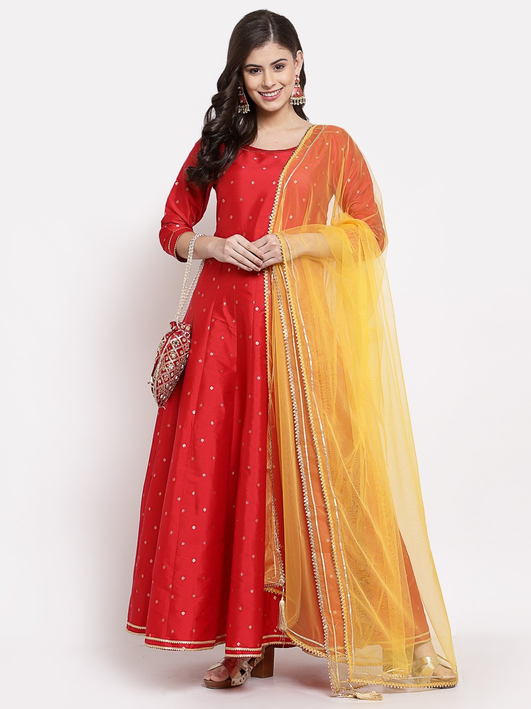 Women Red Silk Anarkali Kurta with Dupatta Set by Myshka (