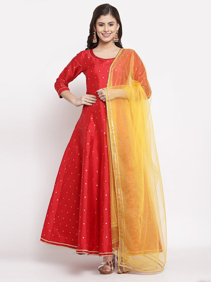 Women Red Silk Anarkali Kurta with Dupatta Set by Myshka (