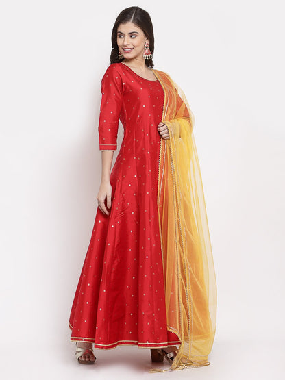 Women Red Silk Anarkali Kurta with Dupatta Set by Myshka (