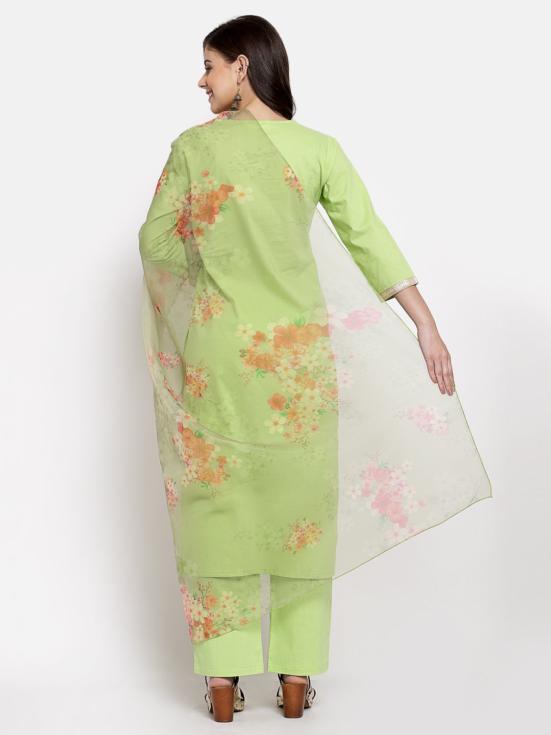 Women Green Kurta with Palazzo and Dupatta Set by Myshka (