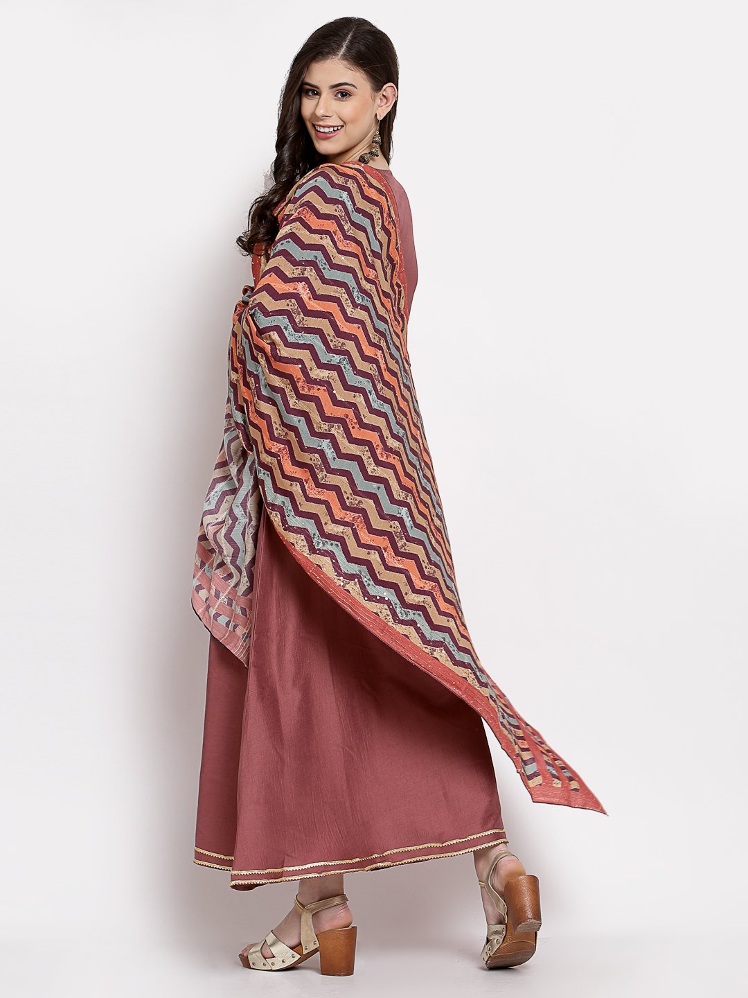 Women's Dark Pink Cotton Solid 3/4 Sleeve V Neck Casual Anarkali Gown