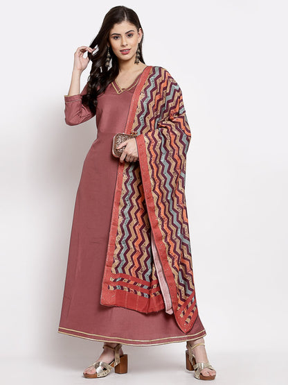 Women's Dark Pink Cotton Solid 3/4 Sleeve V Neck Casual Anarkali Gown