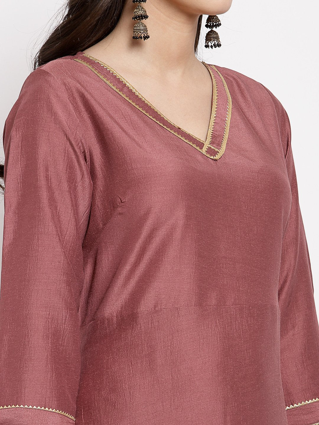 Women's Dark Pink Cotton Solid 3/4 Sleeve V Neck Casual Anarkali Gown