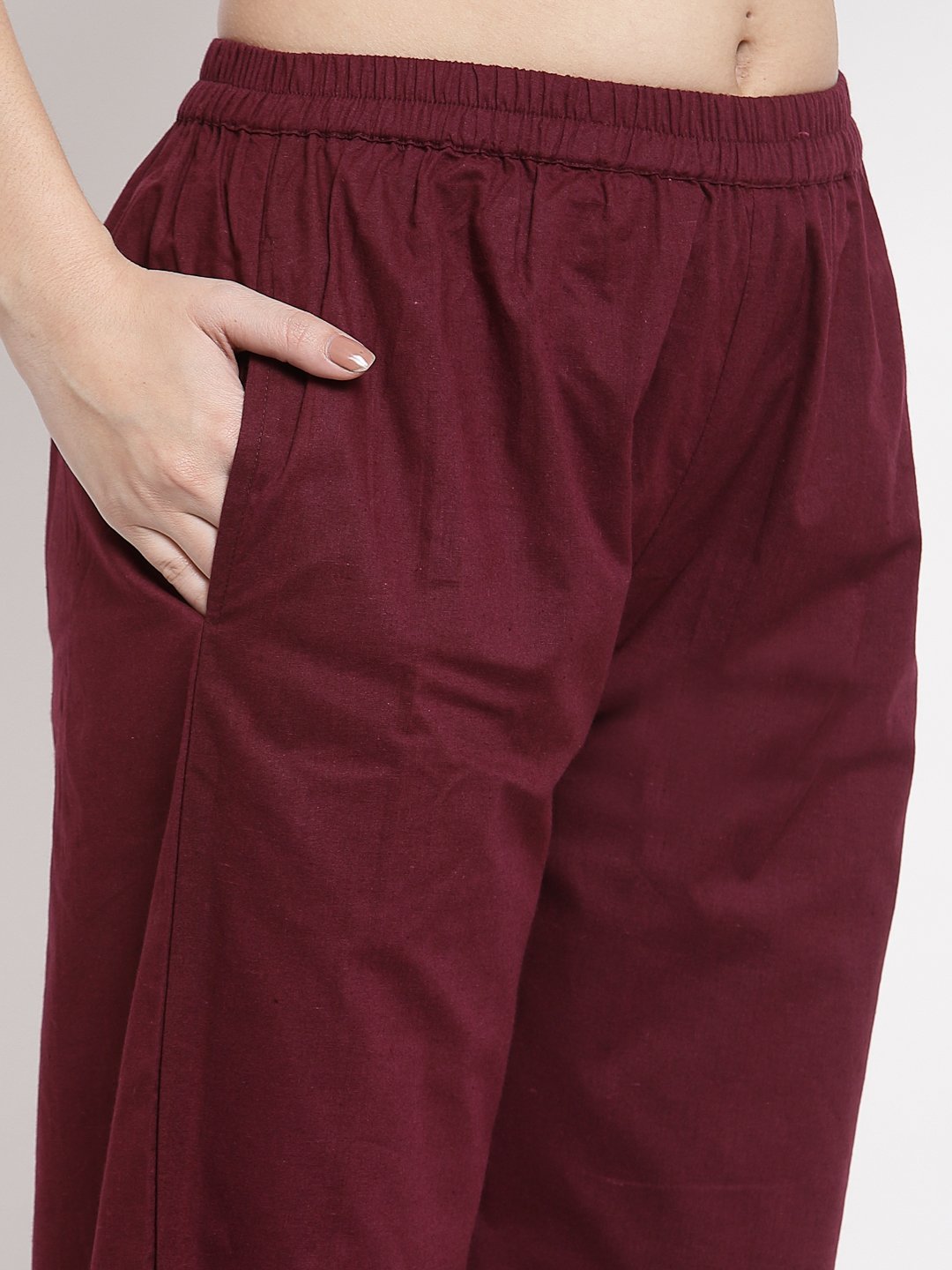 Women's Burgundy Cotton Solid 3/4 Sleeve Square Neck Casual Kurta Pant Dupatta Set
