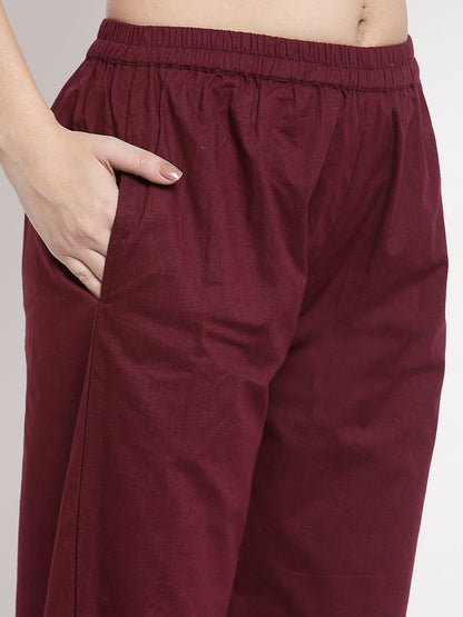 Women's Burgundy Cotton Solid 3/4 Sleeve Square Neck Casual Kurta Pant Dupatta Set