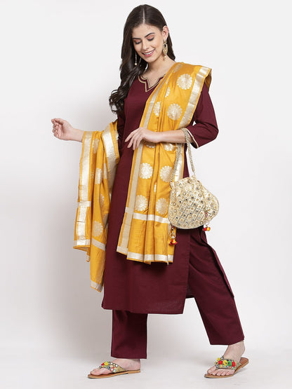 Women's Burgundy Cotton Solid 3/4 Sleeve Square Neck Casual Kurta Pant Dupatta Set