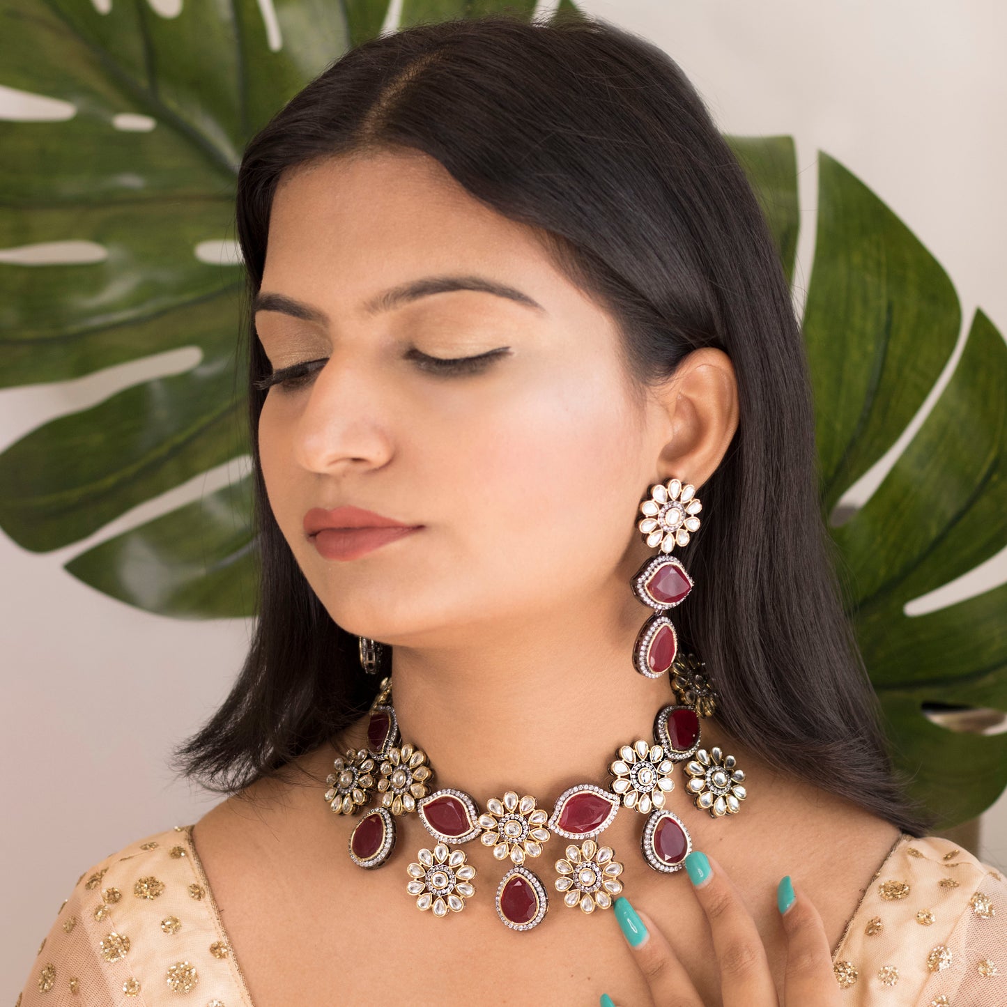 Women's 18K Gold Plated Traditional Kundan & Pearl Studded Choker Set - I Jew