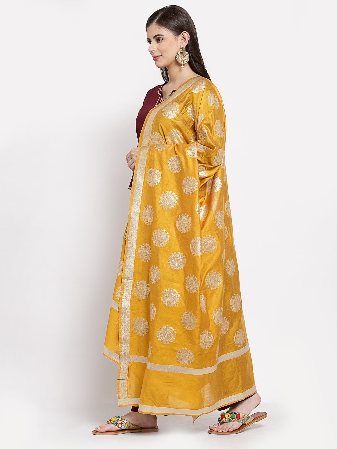 Women's Burgundy Cotton Solid 3/4 Sleeve Square Neck Casual Kurta Pant Dupatta Set