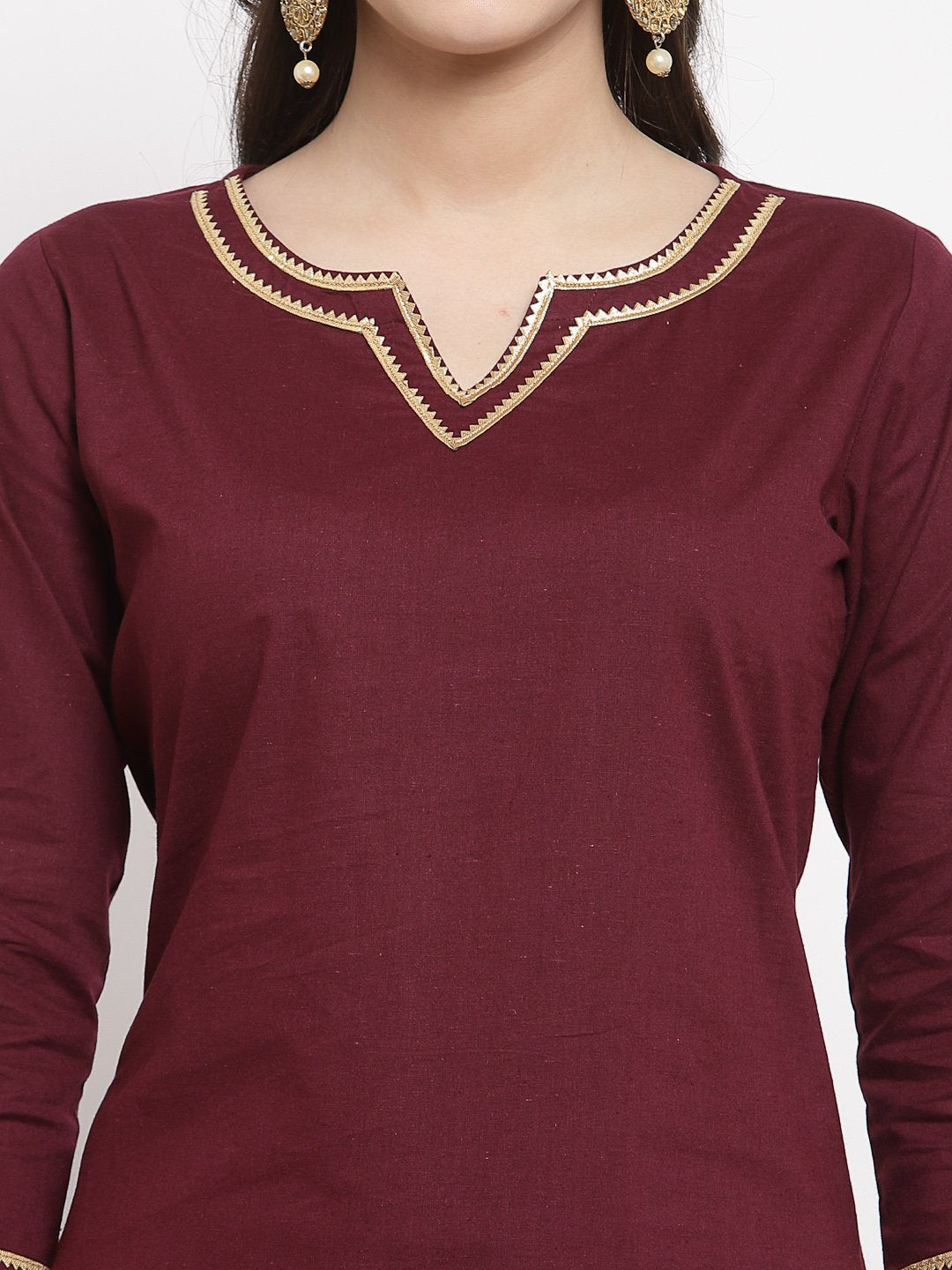 Women's Burgundy Cotton Solid 3/4 Sleeve Square Neck Casual Kurta Pant Dupatta Set