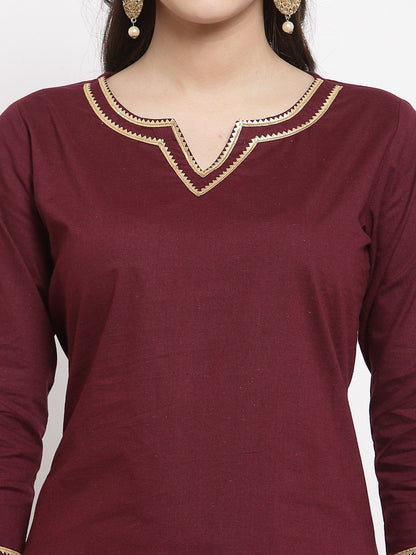 Women's Burgundy Cotton Solid 3/4 Sleeve Square Neck Casual Kurta Pant Dupatta Set
