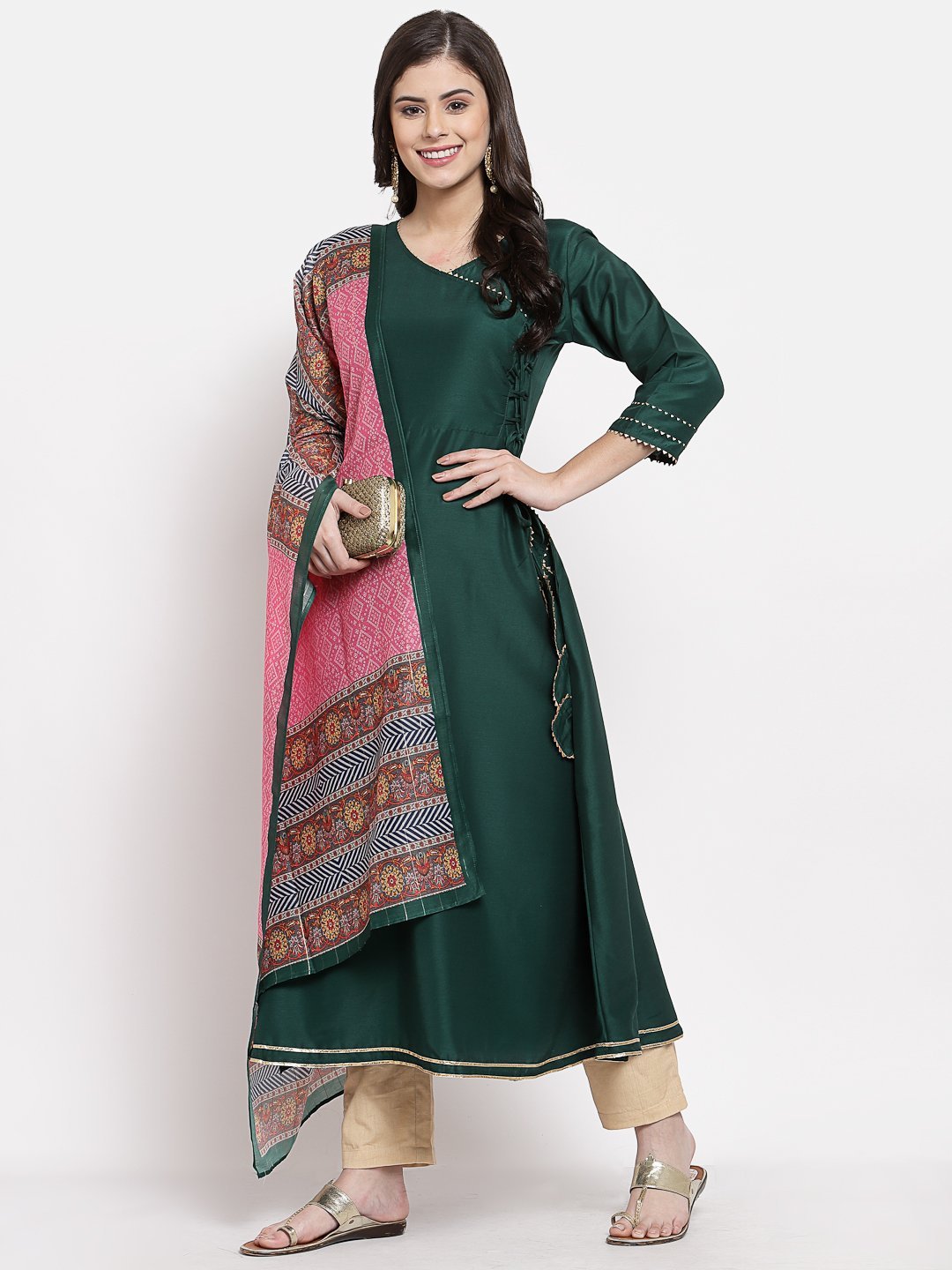 Women's Green Cotton Solid 3/4 Sleeve V Neck Casual Kurta Dupatta Set