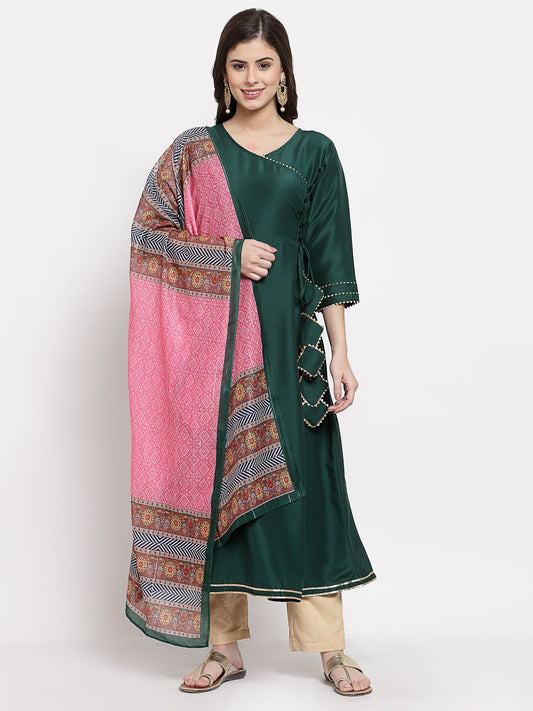 Women's Green Cotton Solid 3/4 Sleeve V Neck Casual Kurta Dupatta Set