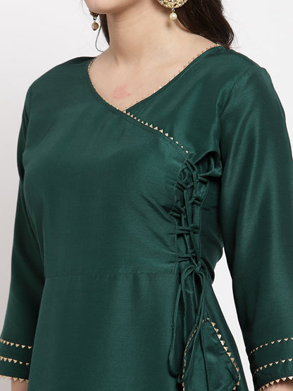 Women's Green Cotton Solid 3/4 Sleeve V Neck Casual Kurta Dupatta Set