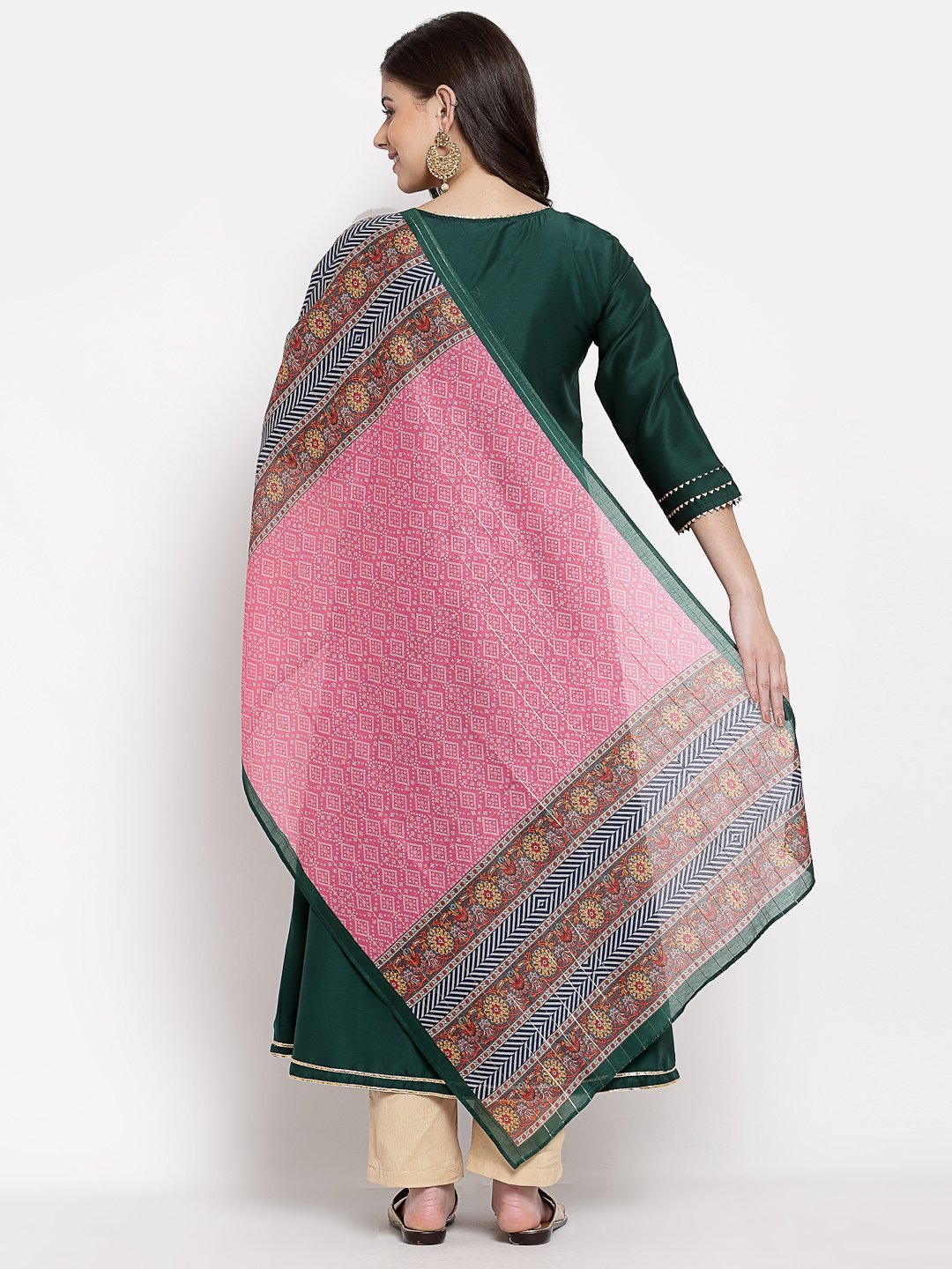 Women's Green Cotton Solid 3/4 Sleeve V Neck Casual Kurta Dupatta Set