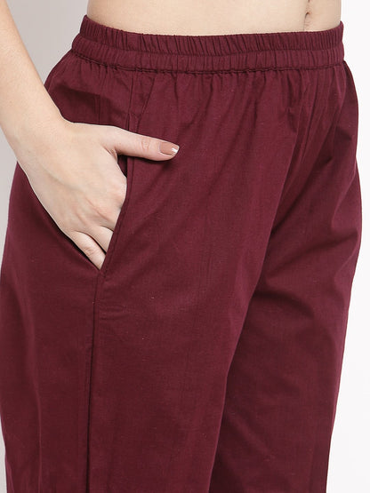 Women's Burgundy Cotton Solid 3/4 Sleeve Square Neck Casual Kurta Pant Dupatta Set