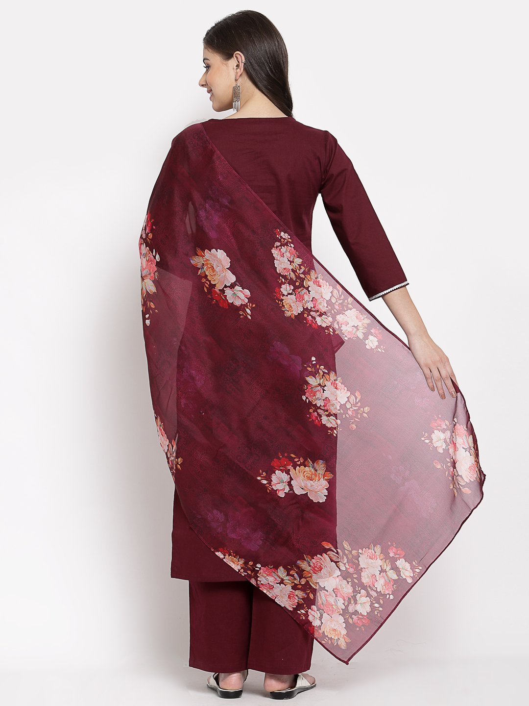 Women's Burgundy Cotton Solid 3/4 Sleeve Square Neck Casual Kurta Pant Dupatta Set