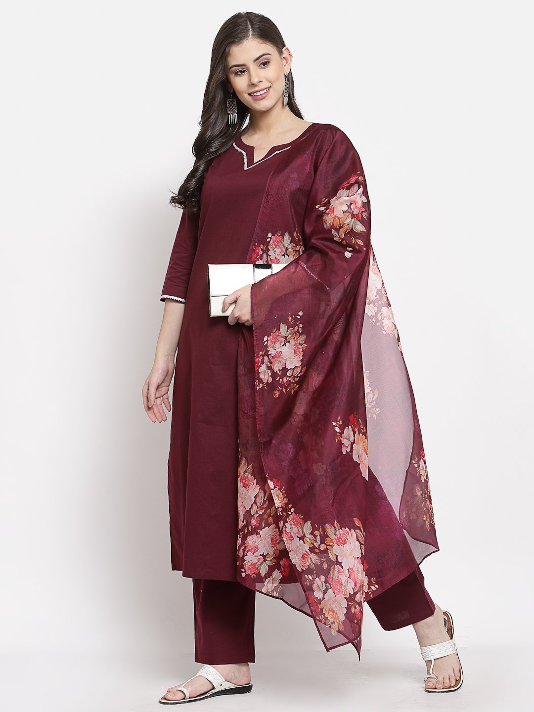 Women's Burgundy Cotton Solid 3/4 Sleeve Square Neck Casual Kurta Pant Dupatta Set