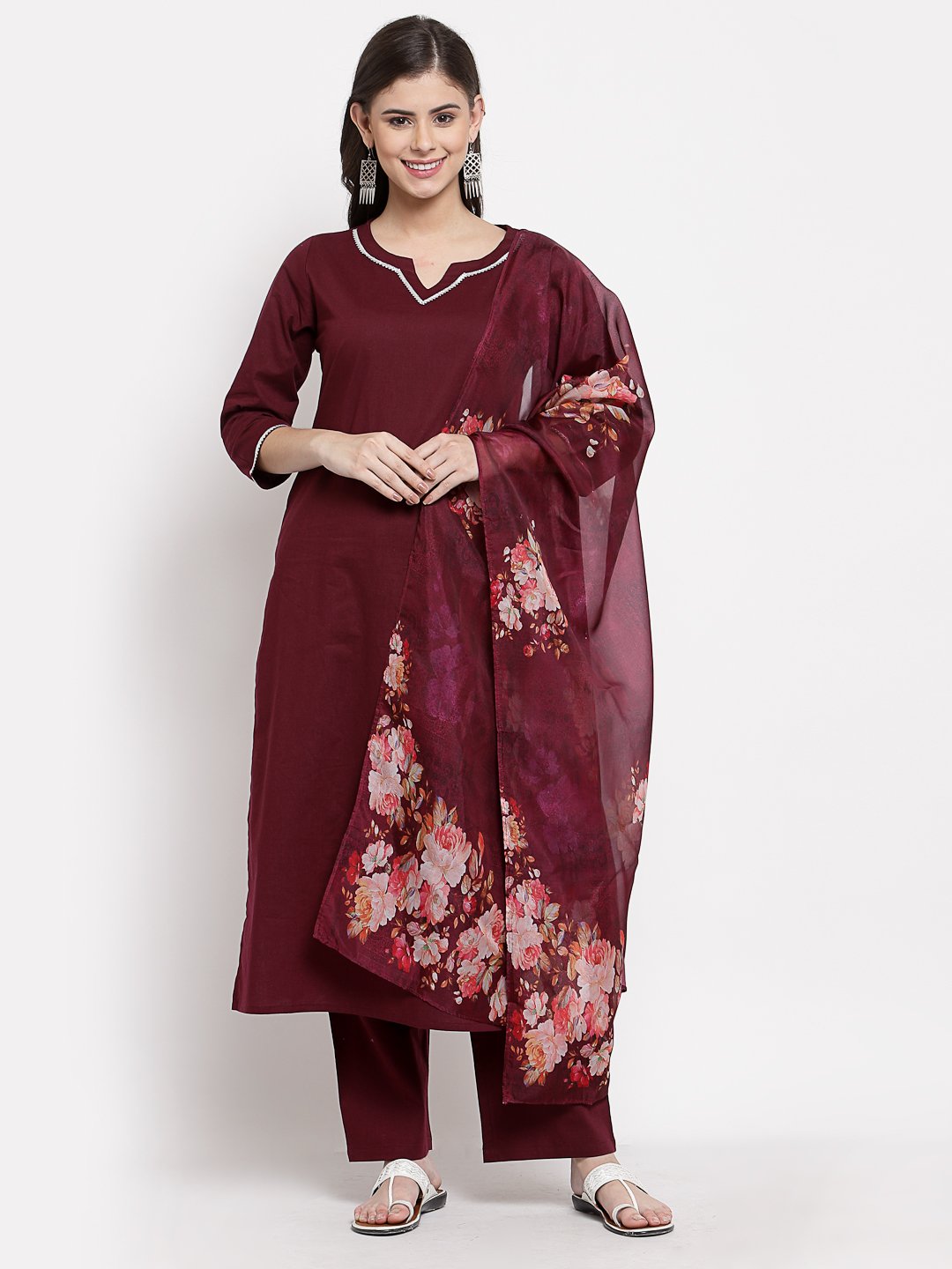 Women's Burgundy Cotton Solid 3/4 Sleeve Square Neck Casual Kurta Pant Dupatta Set