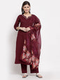 Women's Burgundy Cotton Solid 3/4 Sleeve Square Neck Casual Kurta Pant Dupatta Set
