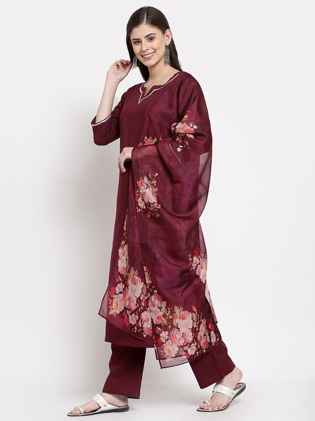 Women's Burgundy Cotton Solid 3/4 Sleeve Square Neck Casual Kurta Pant Dupatta Set