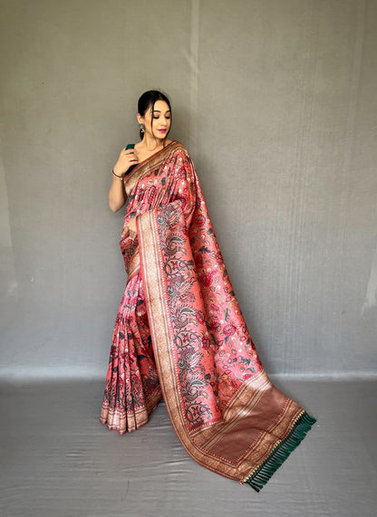 Women's Pink Diva Soft Silk Kalamkari Printed Saree