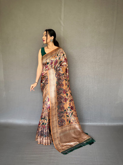 Women's Camel Brown Diva Soft Silk Kalamkari Printed Saree