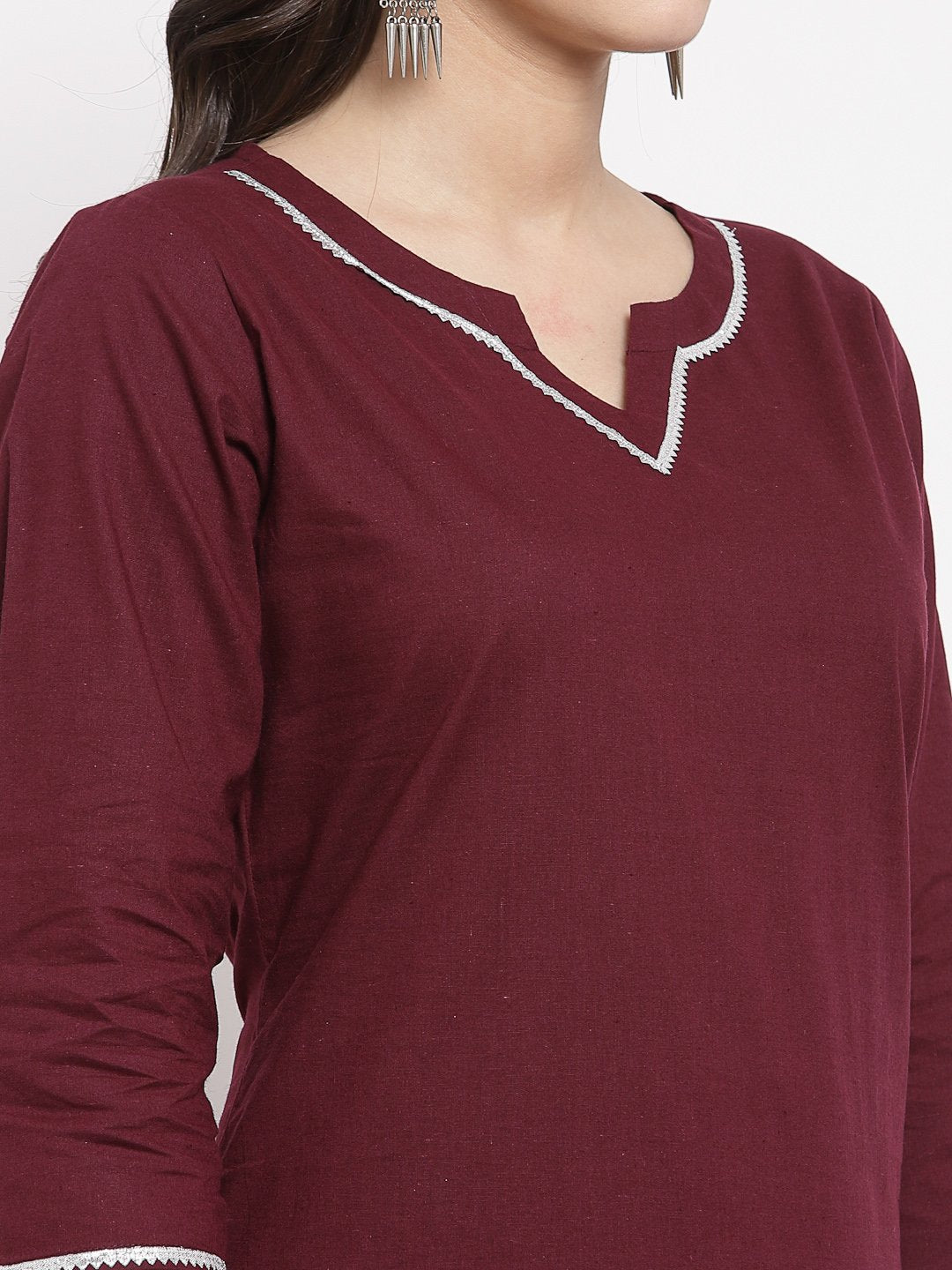 Women's Burgundy Cotton Solid 3/4 Sleeve Square Neck Casual Kurta Pant Dupatta Set