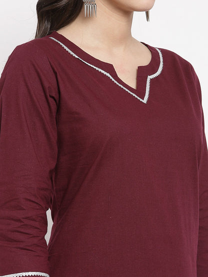 Women's Burgundy Cotton Solid 3/4 Sleeve Square Neck Casual Kurta Pant Dupatta Set